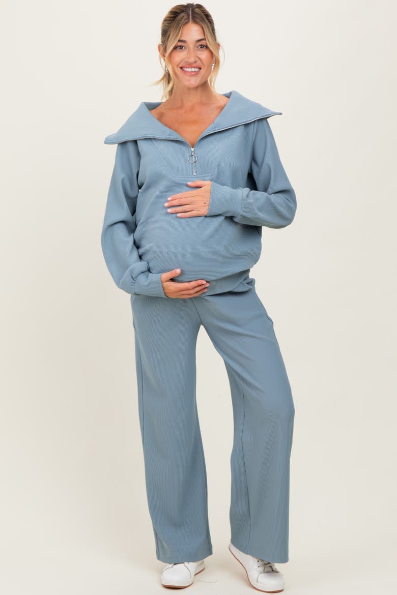 RIbbed Half Zip Pullover Wide Leg Pant Set, Alternate, color, Light Blue