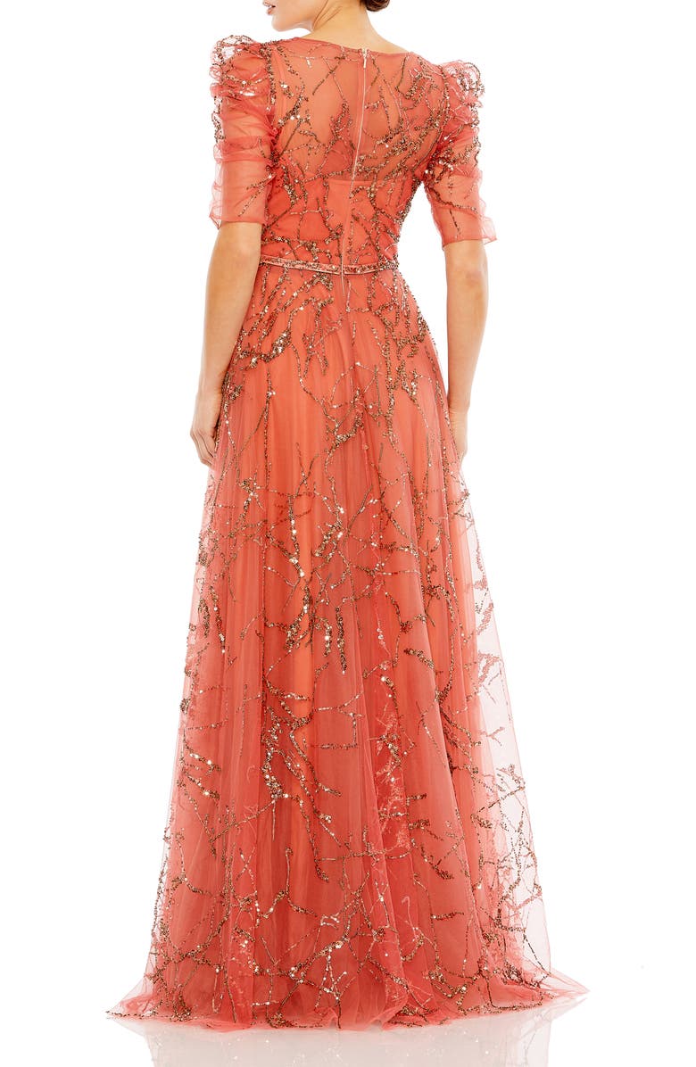 Mac Duggal Embellished Gathered Puff Sleeve Faux Wrap Gown, Alternate, color, Cinnamon