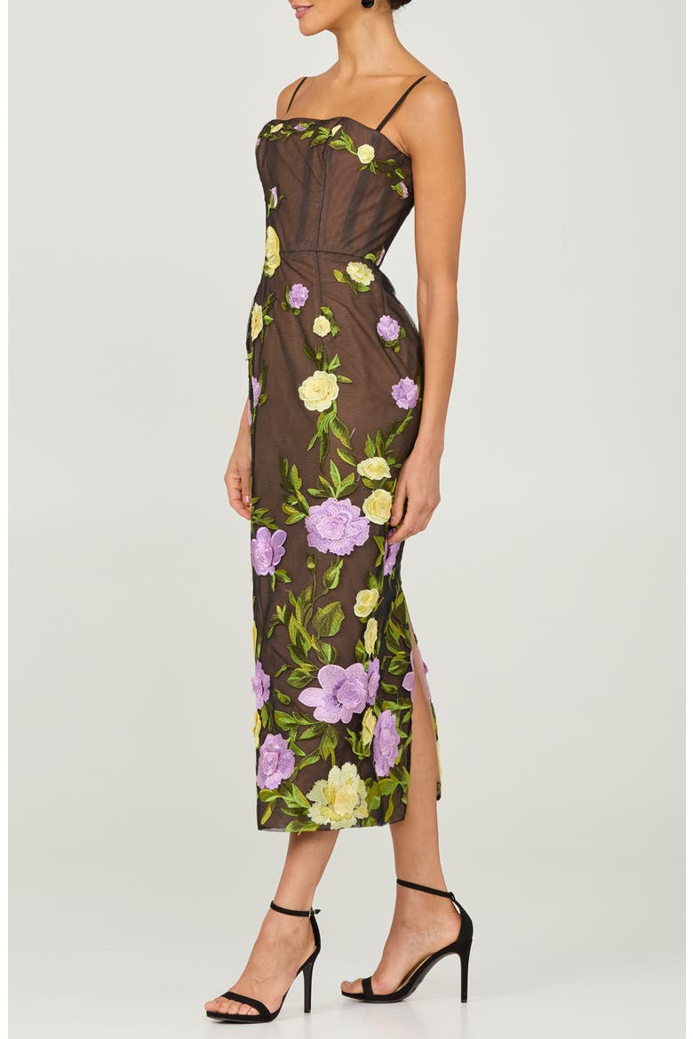 Gemma Floral Embroidered Midi Cocktail Dress, Alternate, color, BLACK/ PALE YELLOW