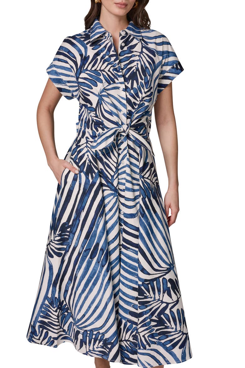 Tie Waist Short Sleeve Stretch Cotton Midi Shirtdress, Alternate, color, NIGHT FALL