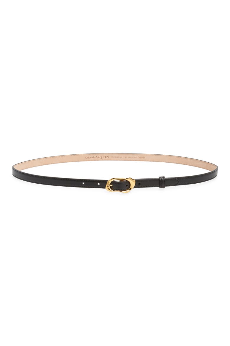 Alexander McQueen Molten Buckle Leather Belt, Main, color, BLACK