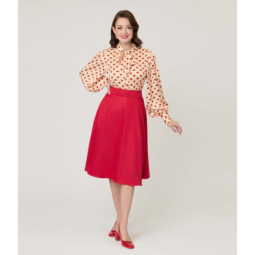 Unique Vintage Retro Style High Waist Vivien Swing Skirt In Pink