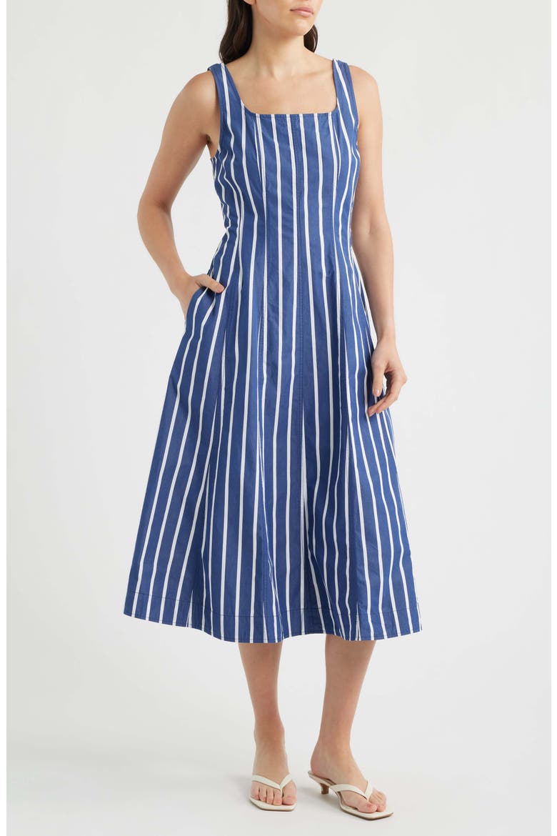 Rylie Stripe Poplin Midi Dress, Alternate, color, COOL NAVY