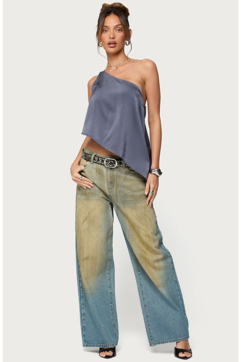 Asymmetric Satin One-Shoulder Top, Alternate, color, DARK-GRAY