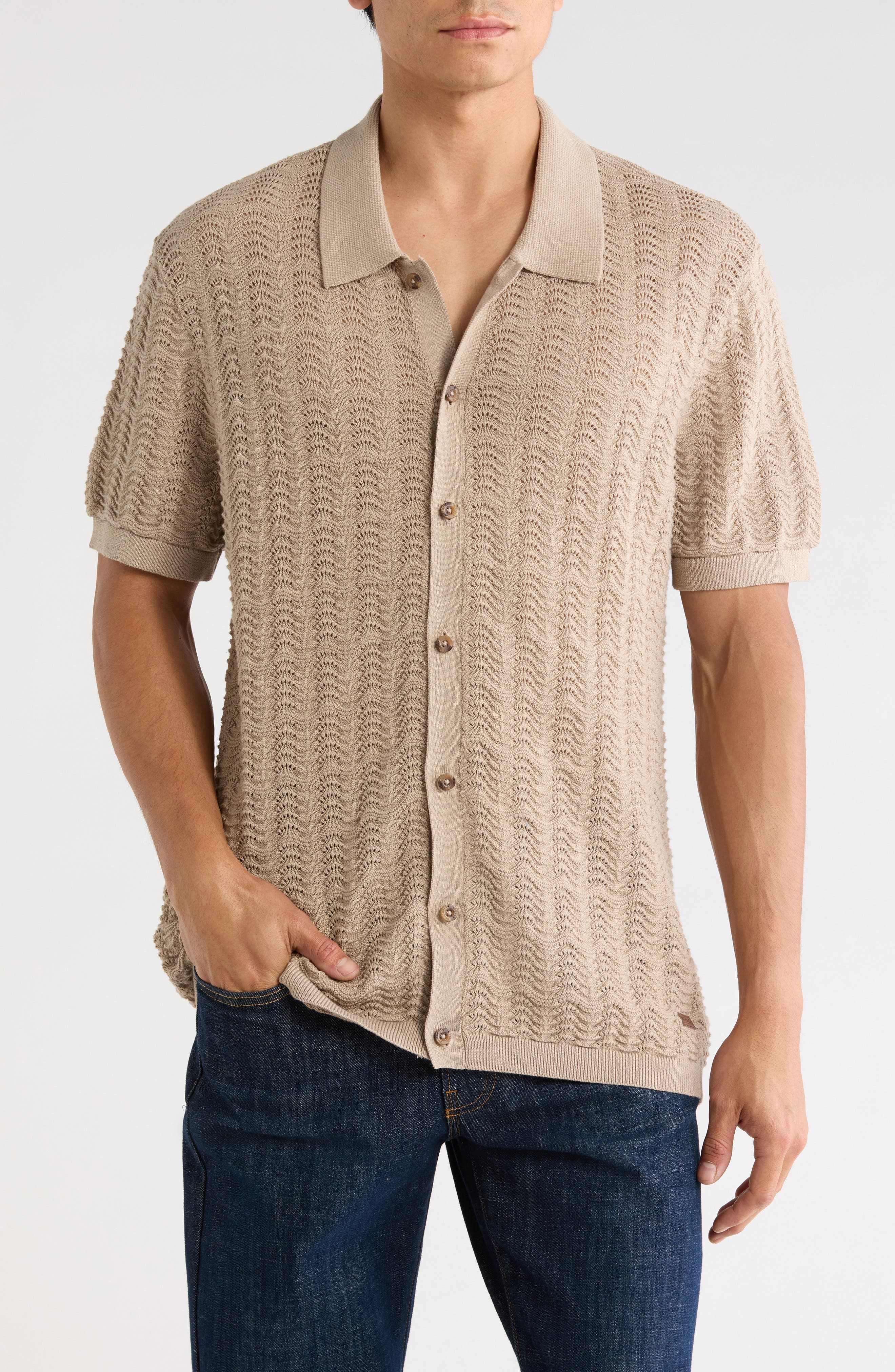 Wantelle Short Sleeve Pointelle Knit Button-Up Shirt