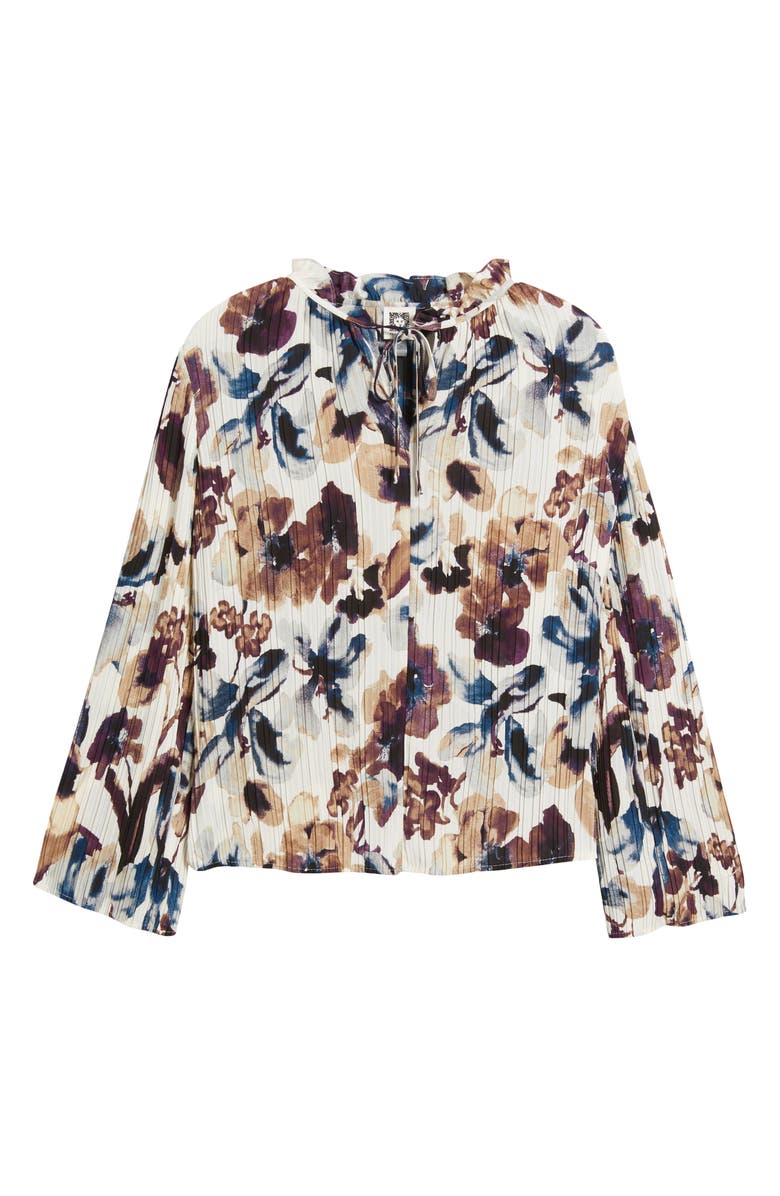 Anne Klein Floral Pleated Tie Neck Top, Alternate, color, White Dove Multi