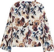 Anne Klein Floral Pleated Tie Neck Top