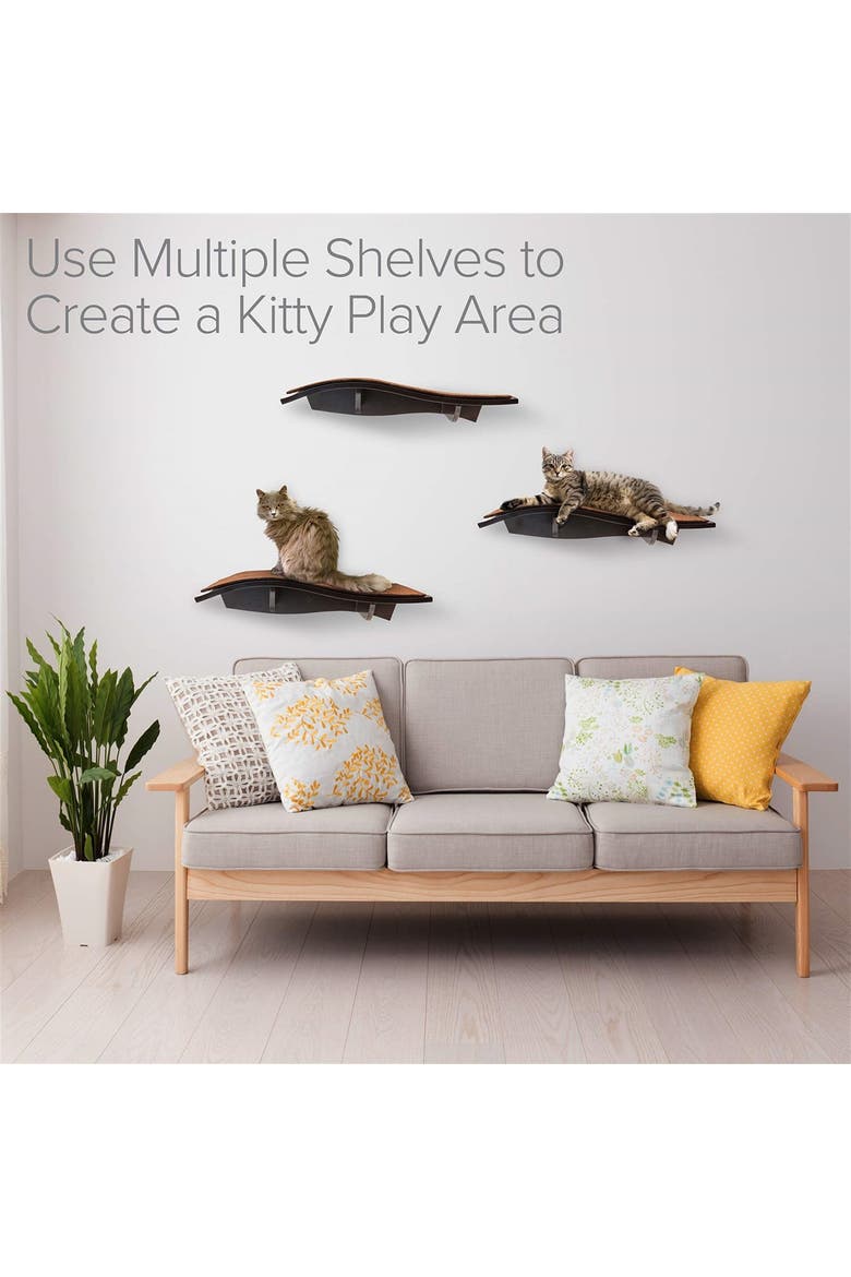 Cat Shelf, Wall-Mounted Curved Wooden Cat Perch - Holds Cats Up to 44 Lb, Alternate, color, Brown