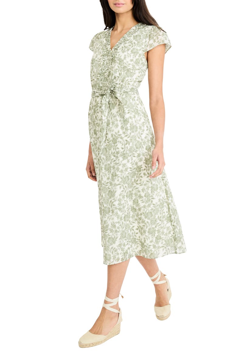Floral Ruffle Cap Sleeve Midi Dress, Alternate, color, CREAM/ OLIVE GREEN