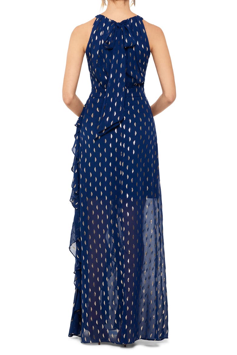 Metallic Clip Dot Ruffle Halter Neck Chiffon Gown, Alternate, color, LTNVY/GOLD