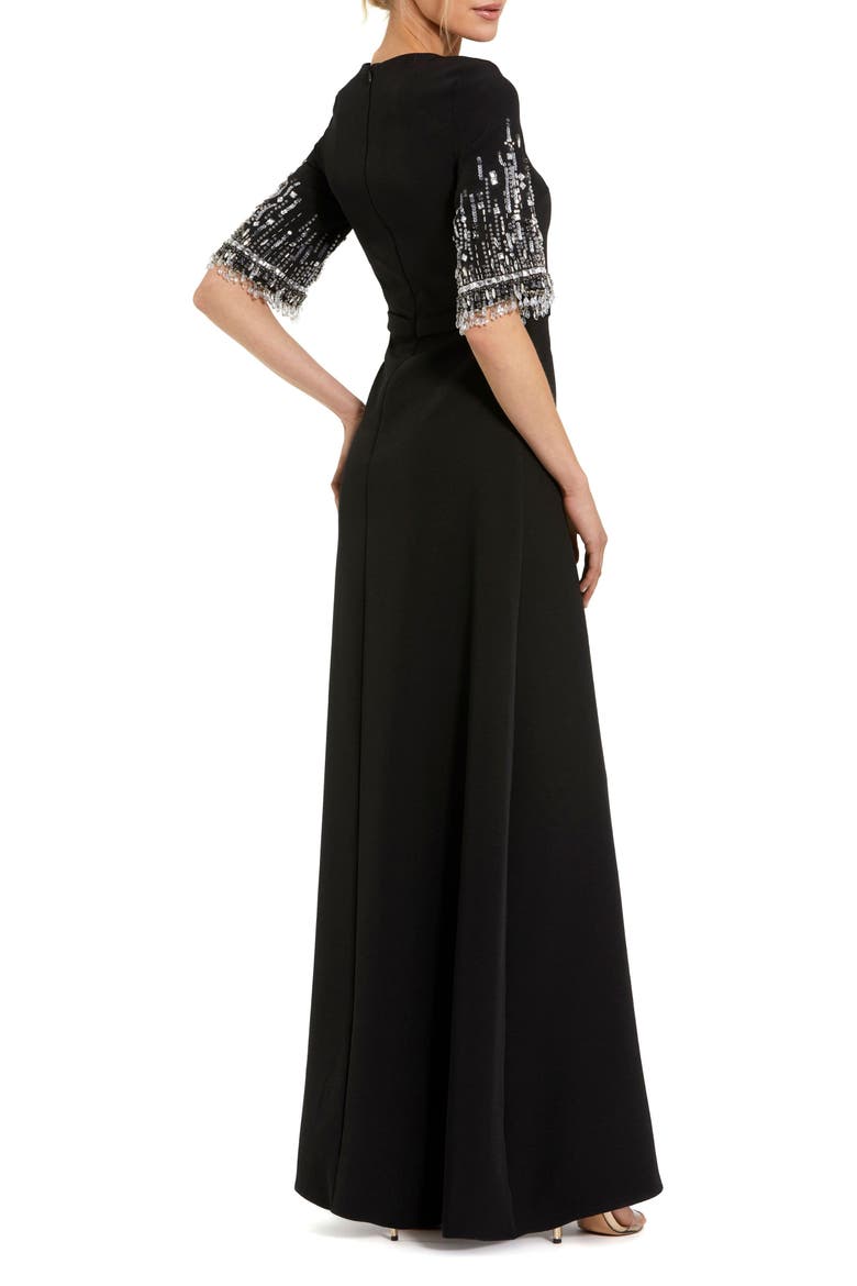 Petite Crepe A Line Gown With Beaded 3/4 Sleeves, Alternate, color, Black