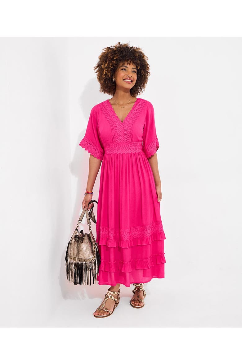 Crochet Trim Boho Midi Dress, Main, color, FUCHSIA