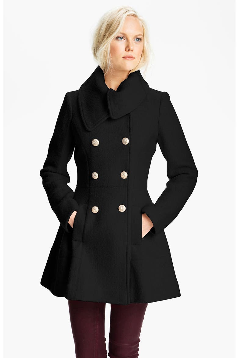 Asymmetrical Collar Bouclé Coat, Main, color, BLACK