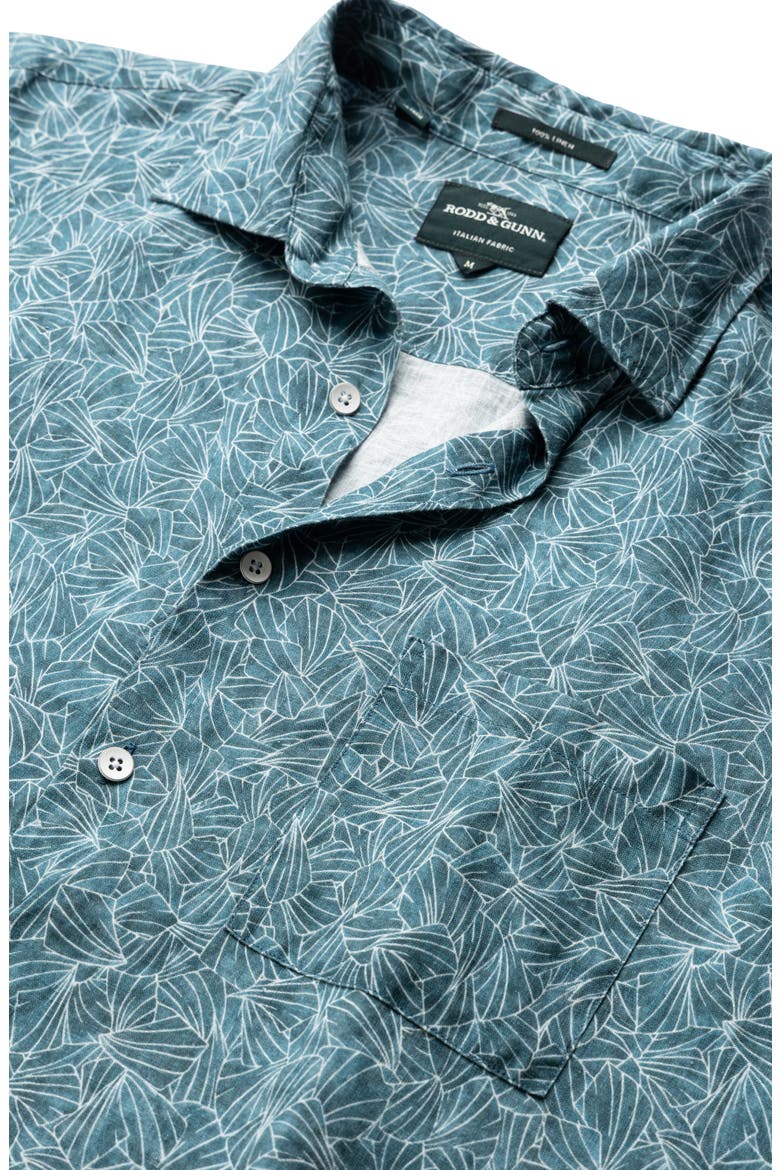 Whitlaker Leaf Print Short Sleeve Linen Button-Up Shirt, Alternate, color, BLUESTONE