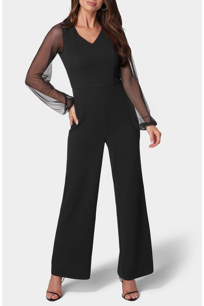 Mesh Long Sleeve Jumpsuit, Main, color, BLACK