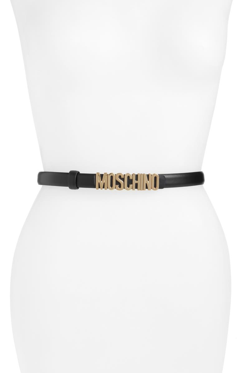 Moschino Logo Skinny Leather Belt, Main, color,