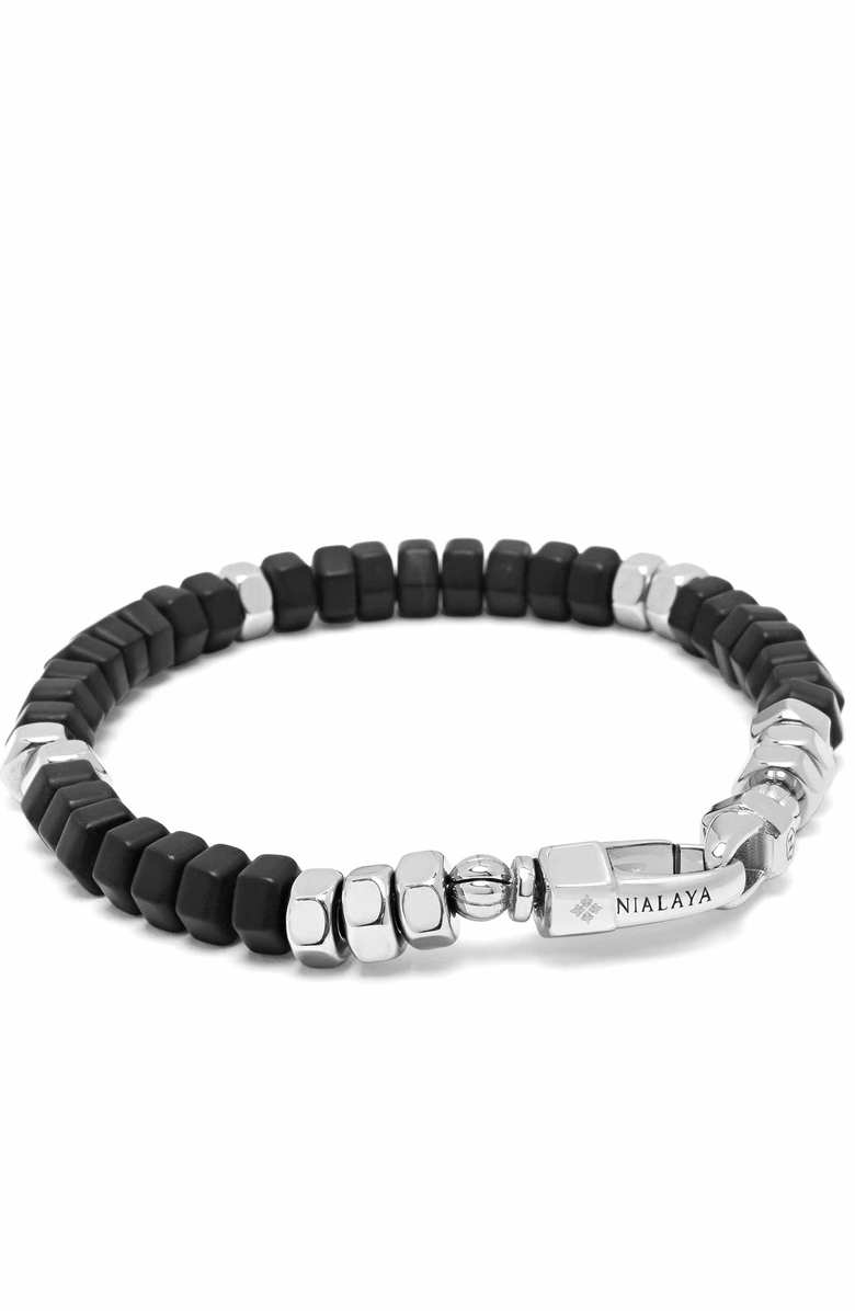 Nialaya Hexagon Black Onyx Beaded Bracelet, Alternate, color, Black Onyx / Silver