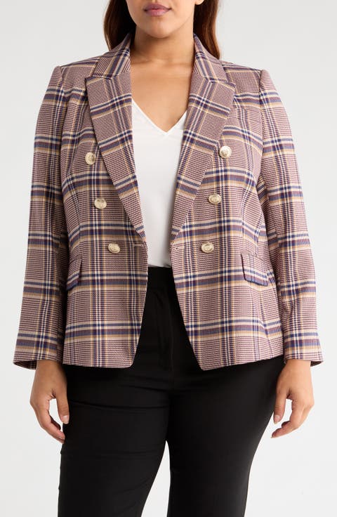 Plaid Double Breasted Jacket (Plus)