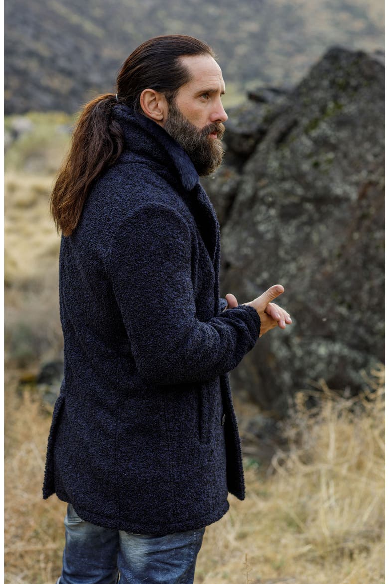 Double Breasted Wool Blend Bouclé Jacket with Shearling Trim, Alternate, color, NAVY