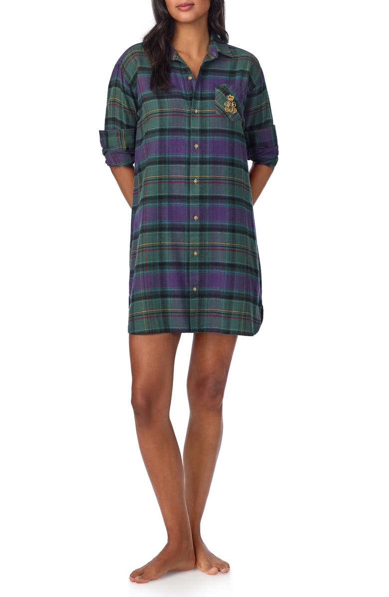 Lauren Ralph Lauren Plaid Flannel Embroidered Sleepshirt, Alternate, color, 