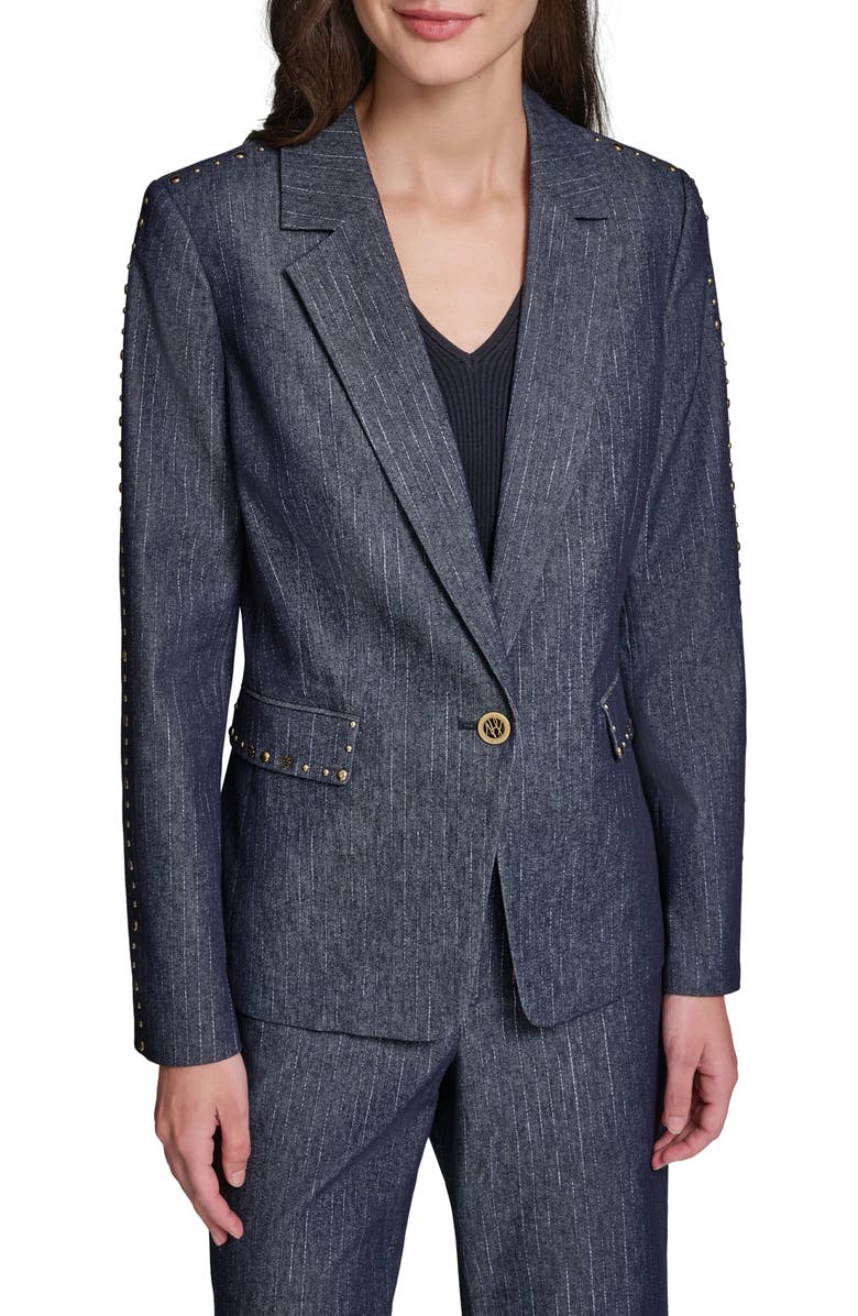 KARL LAGERFELD PARIS Pinstripe Stud Denim Blazer, Main, color, Dark Wash