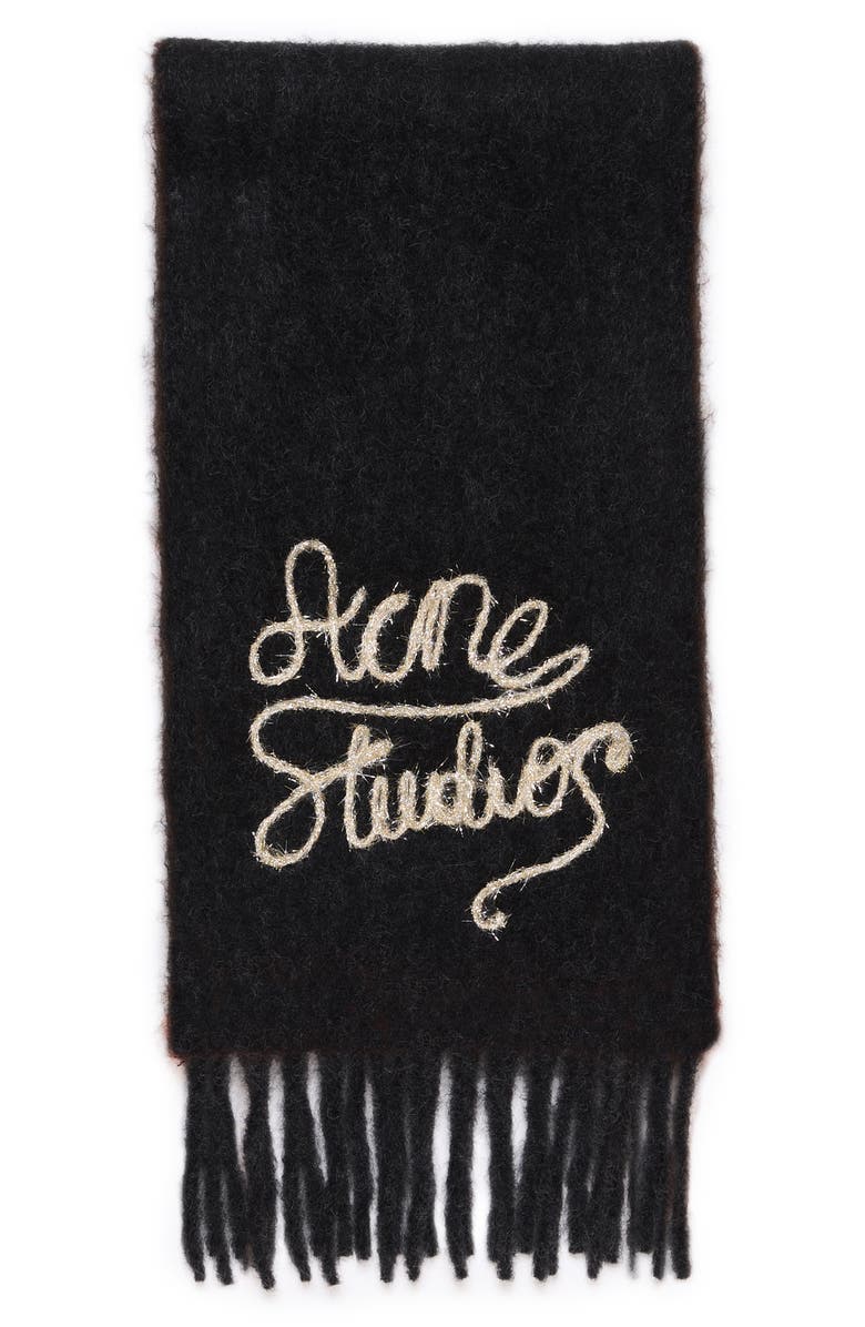 Acne Studios Winter Vally Logo Embroidered Alpaca Blend Fringe Scarf, Main, color, Black
