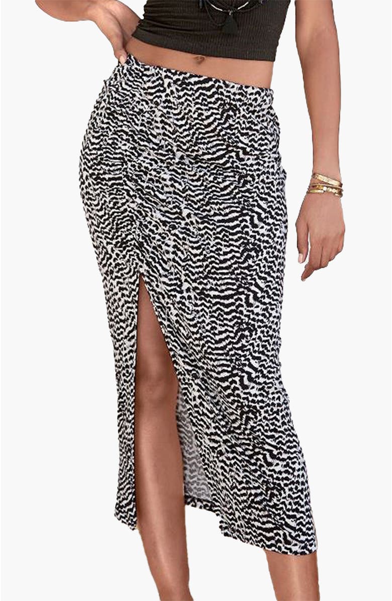 LASCANA Women's Ruched Slit Midi Skirt, Main, color, Black & White