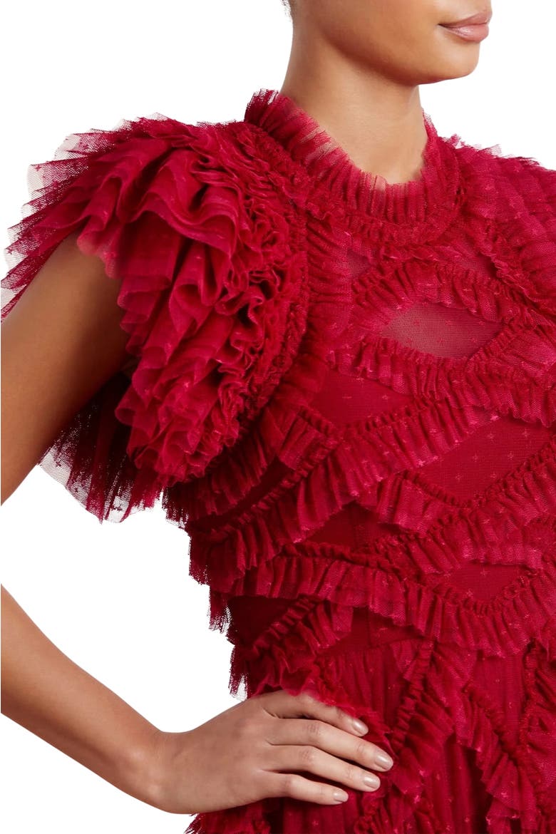 Genevieve Ruffle Short Sleeve Maxi Gown, Alternate, color, Deep Red/Fuchsia