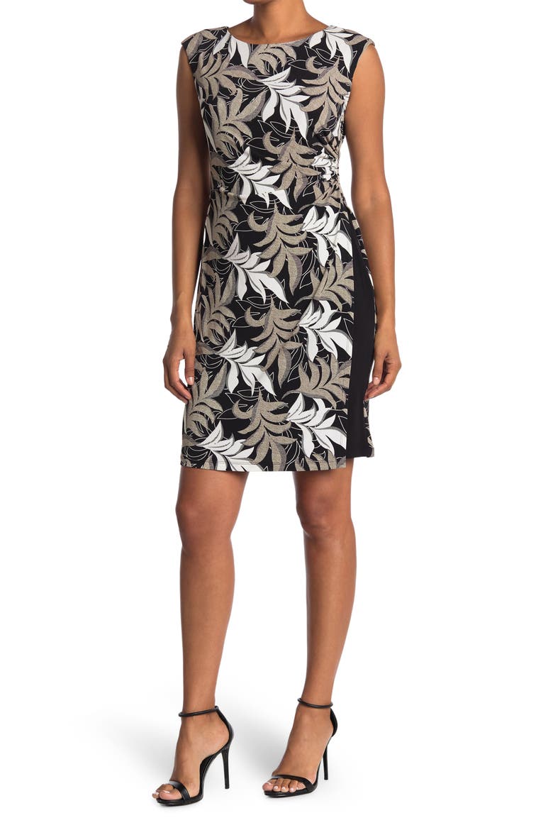 Leaf Print Boatneck Dress, Main, color, BLACK
