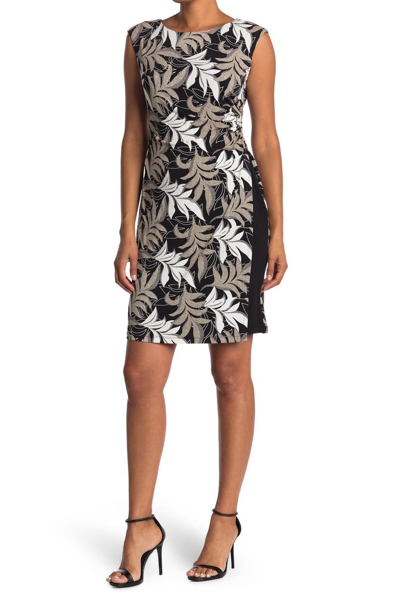Connected Apparel Leaf Print Boatneck Dress, Main, color,