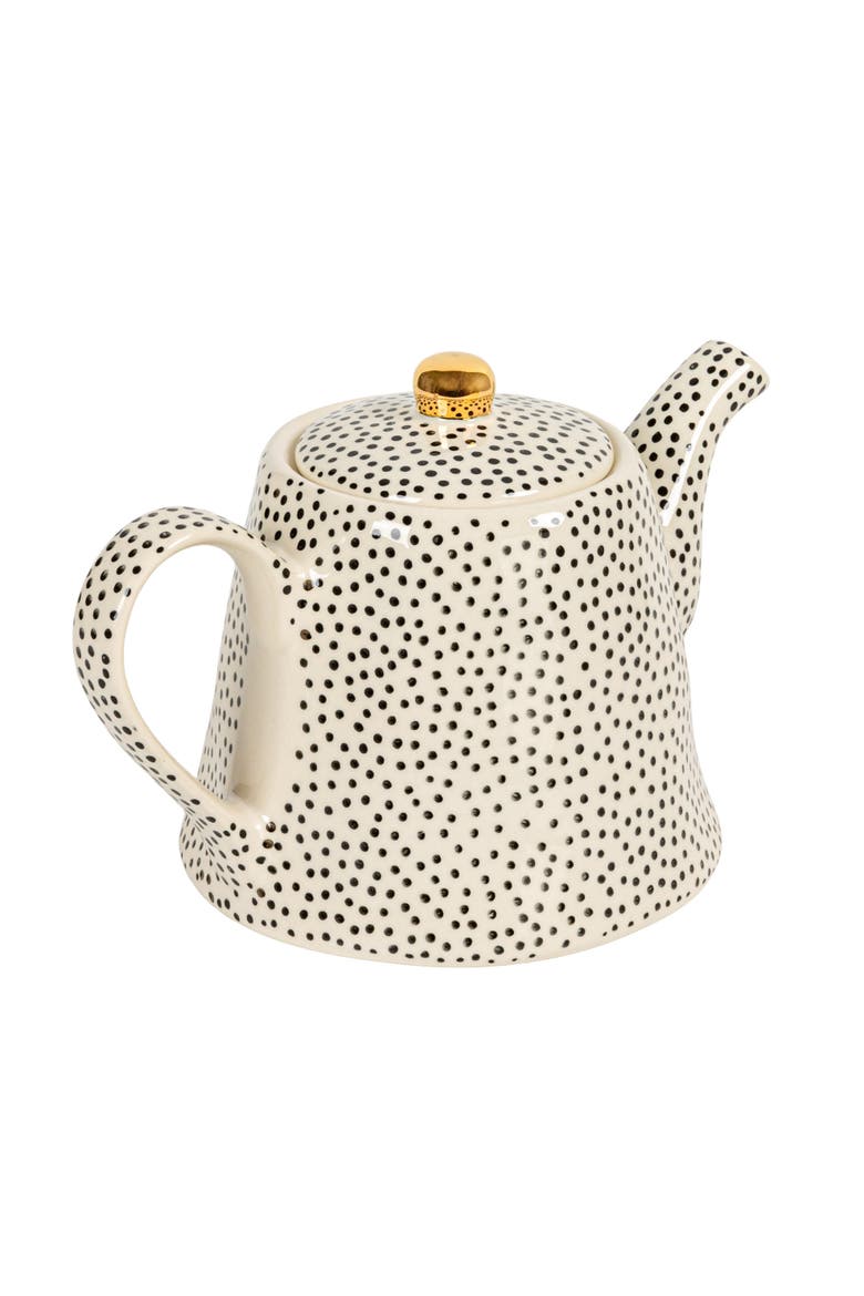 White Stoneware Teapot with Black Speckles & Gold Electroplating, Main, color, Black