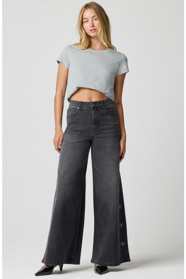 Crystal Bow High Waist Wide Leg Jeans, Alternate, color, WASHED BLACK
