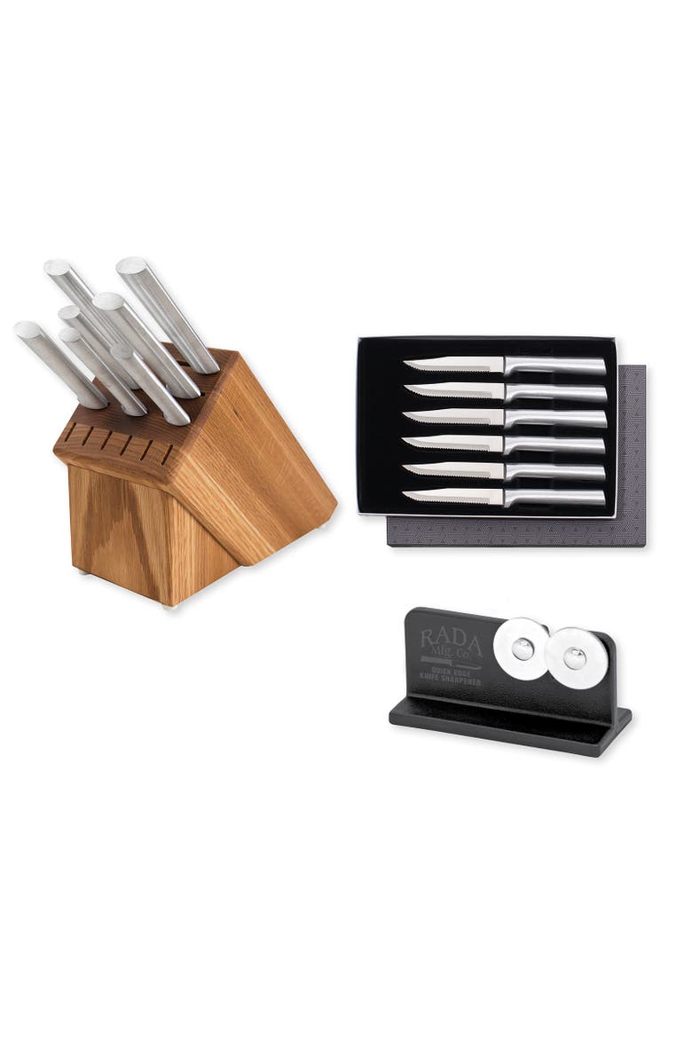 Essential Oak 8 Piece Knife Block Set with Knife Sharpener & 6 Piece Serrated Steak Knife Set, Silver Handles, Main, color, Silver