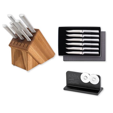 Essential Oak 8 Piece Knife Block Set with Knife Sharpener & 6 Piece Serrated Steak Knife Set, Silver Handles