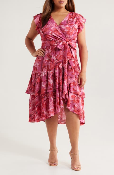 Flutter Sleeve Faux Wrap Midi Dress (Plus)