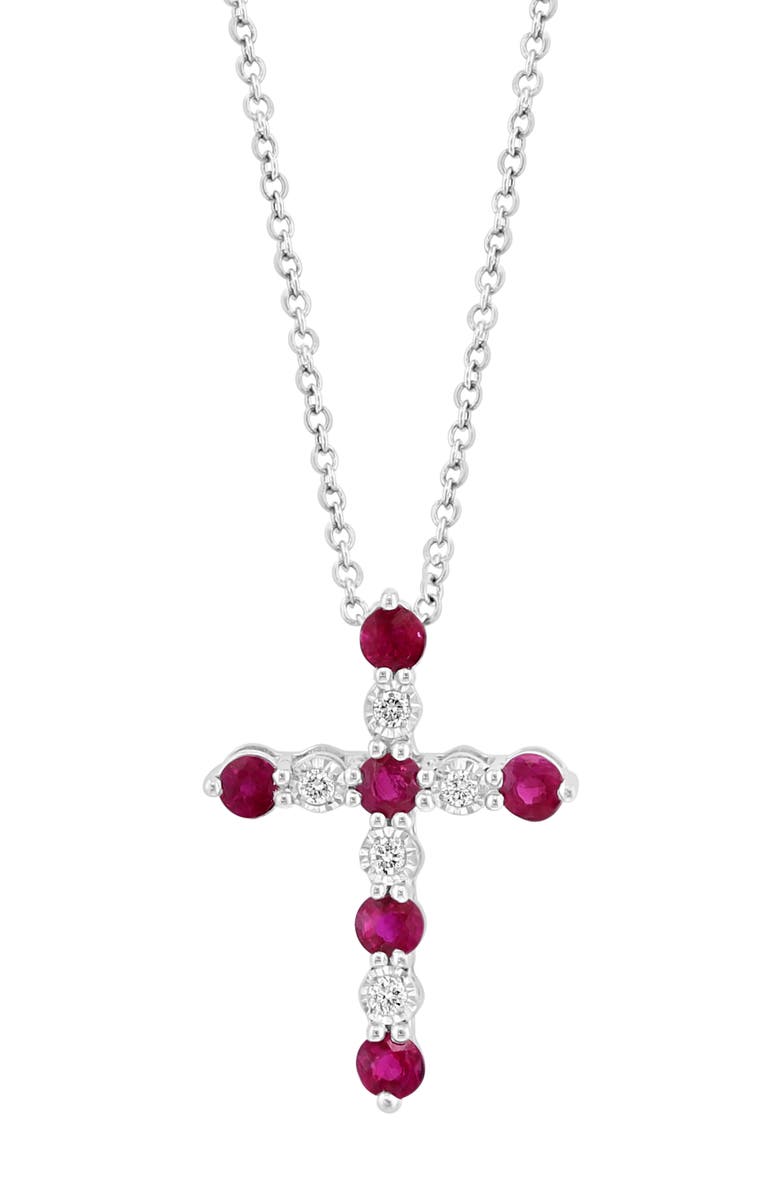 EFFY Sterling Silver Diamond & Ruby Cross Pendant Necklace, Main, color, 