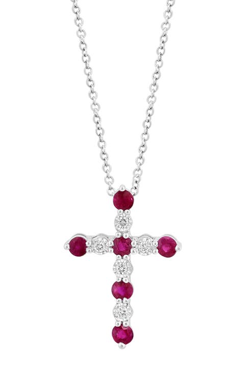 Sterling Silver Diamond & Ruby Cross Pendant Necklace