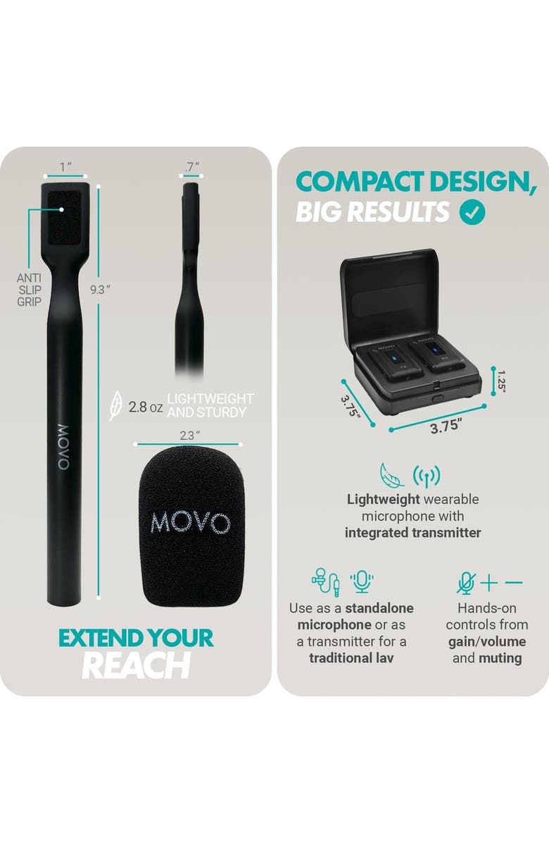 MOVO WMX-2 Wireless Lavalier Microphone System with Charging Case and Interview Mic Handle for Cameras, Alternate, color, Black