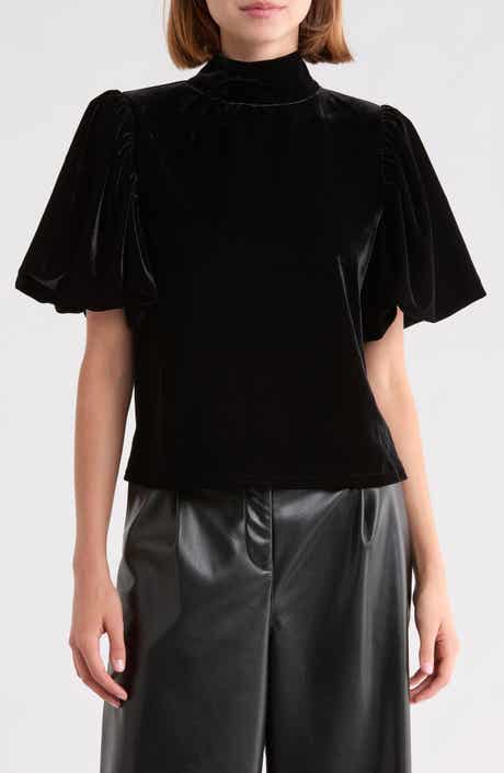 Velvet Mock Neck Puff Sleeve Top