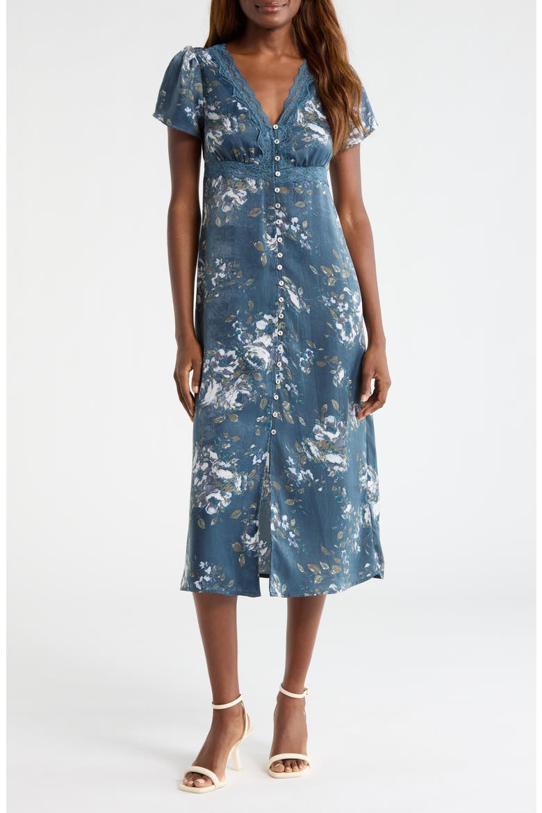 lace trim floral print dress Stormi Charming V-neck Lace Trimmed Floral Print Dress