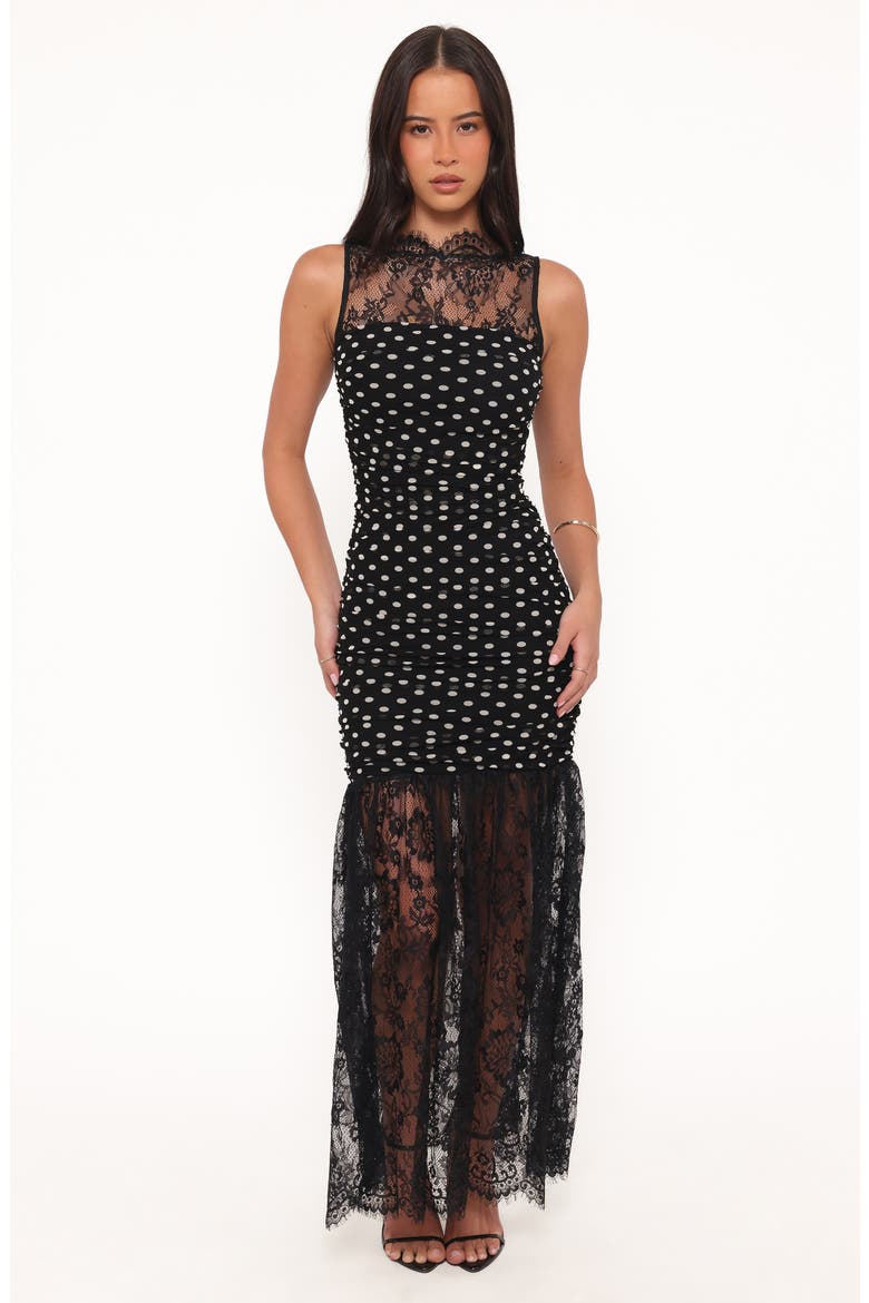 Jubilee Mixed Media Lace & Mesh Maxi Dress, Alternate, color, BLACK POLKA DOT
