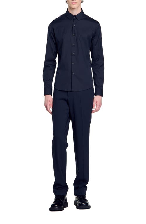 Sandro Seamless Stretch Button Up Shirt In Navy Blue