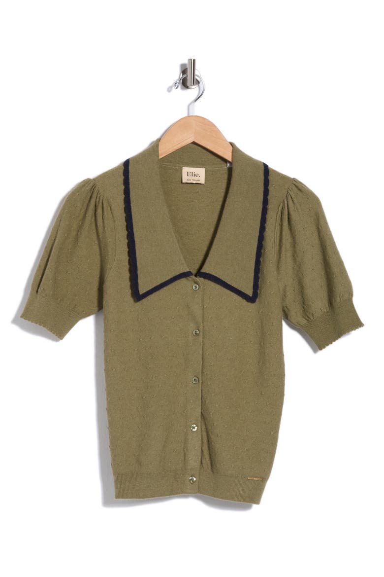 Pointelle Puff Sleeve Cardigan, Main, color, MARTINI OLIVE/ SARK SAPPHIRE