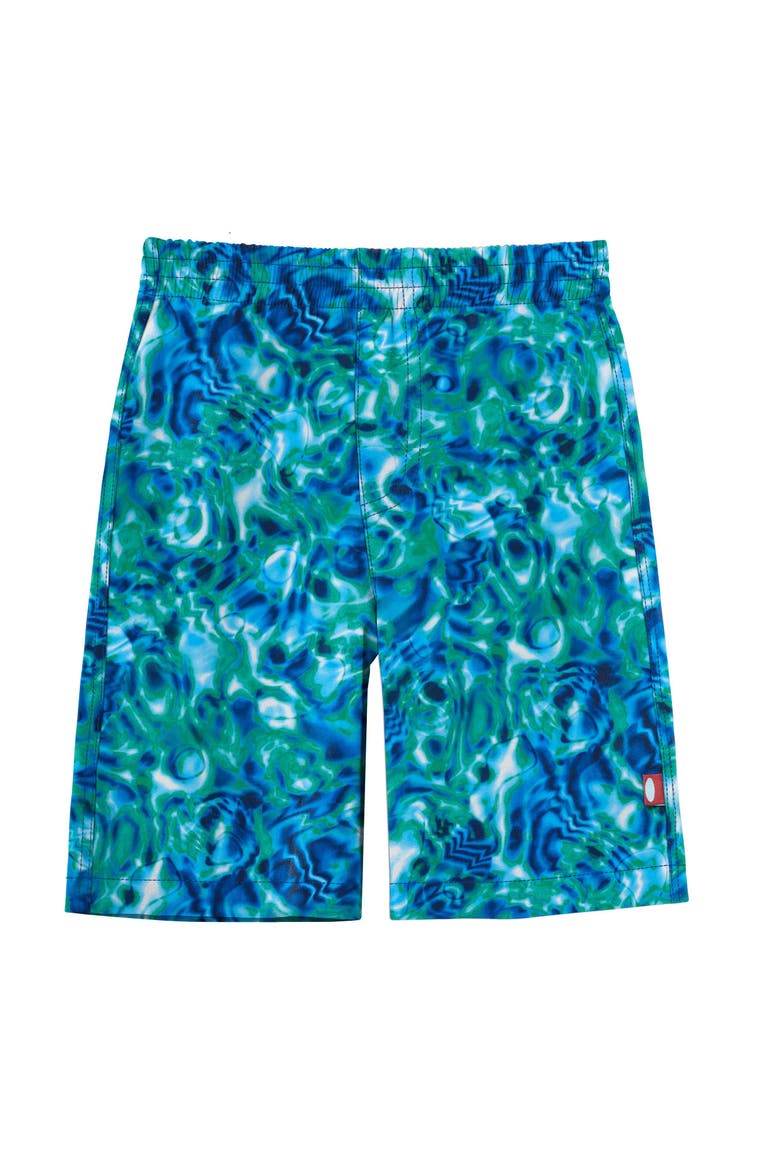 Mens Soft Stretch UPF 50+ Recycled Polyester Below-the-Knee Printed Swim Board Shorts, Main, color, Swirly Water