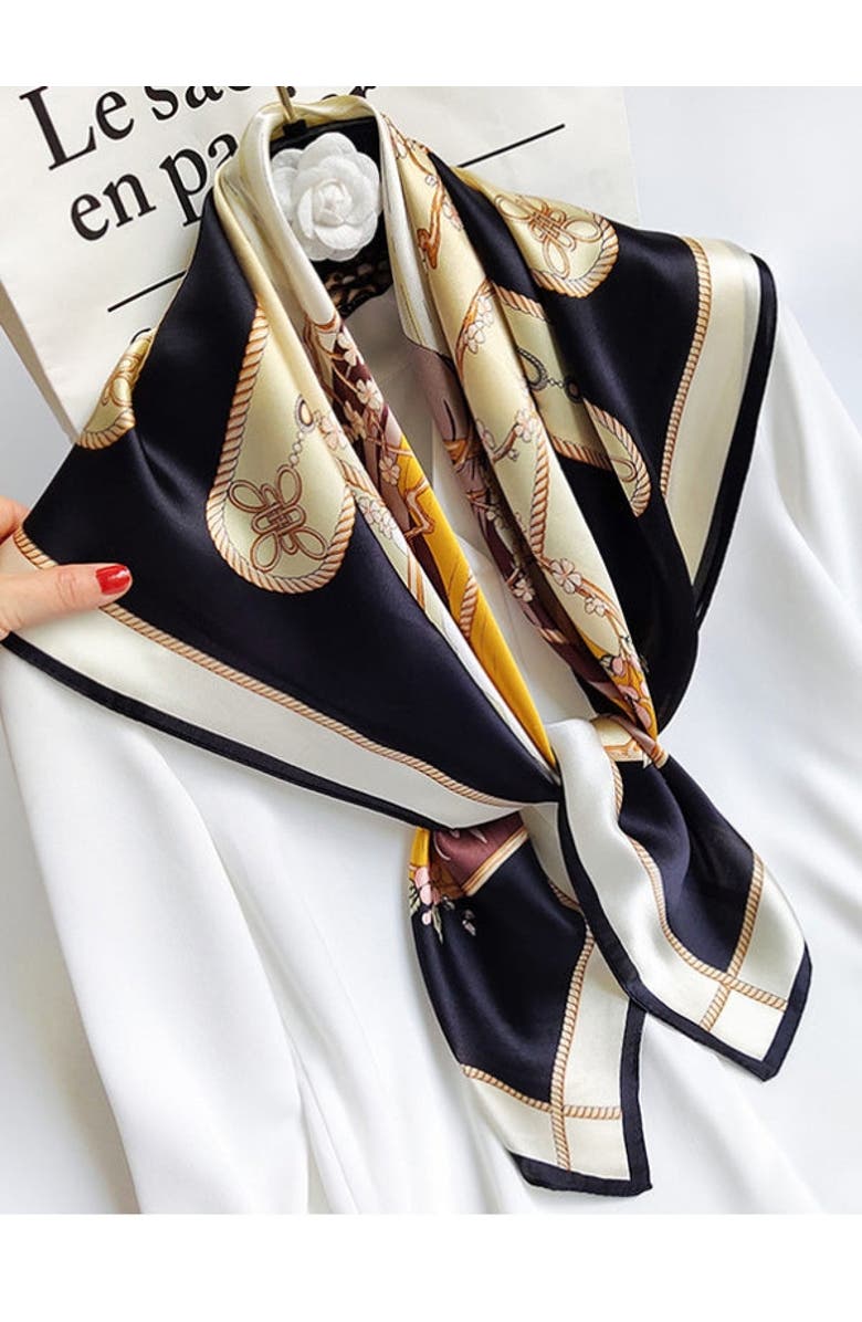 SILKSILKY Pure Mulberry Silk Printed Square Shawl Scarf, Main, color, Black