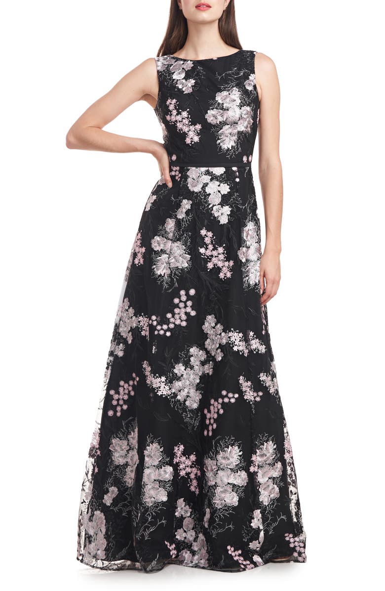 JS Collections Catalina Floral Embroidered A-Line Ballgown, Main, color, Black/ Blush