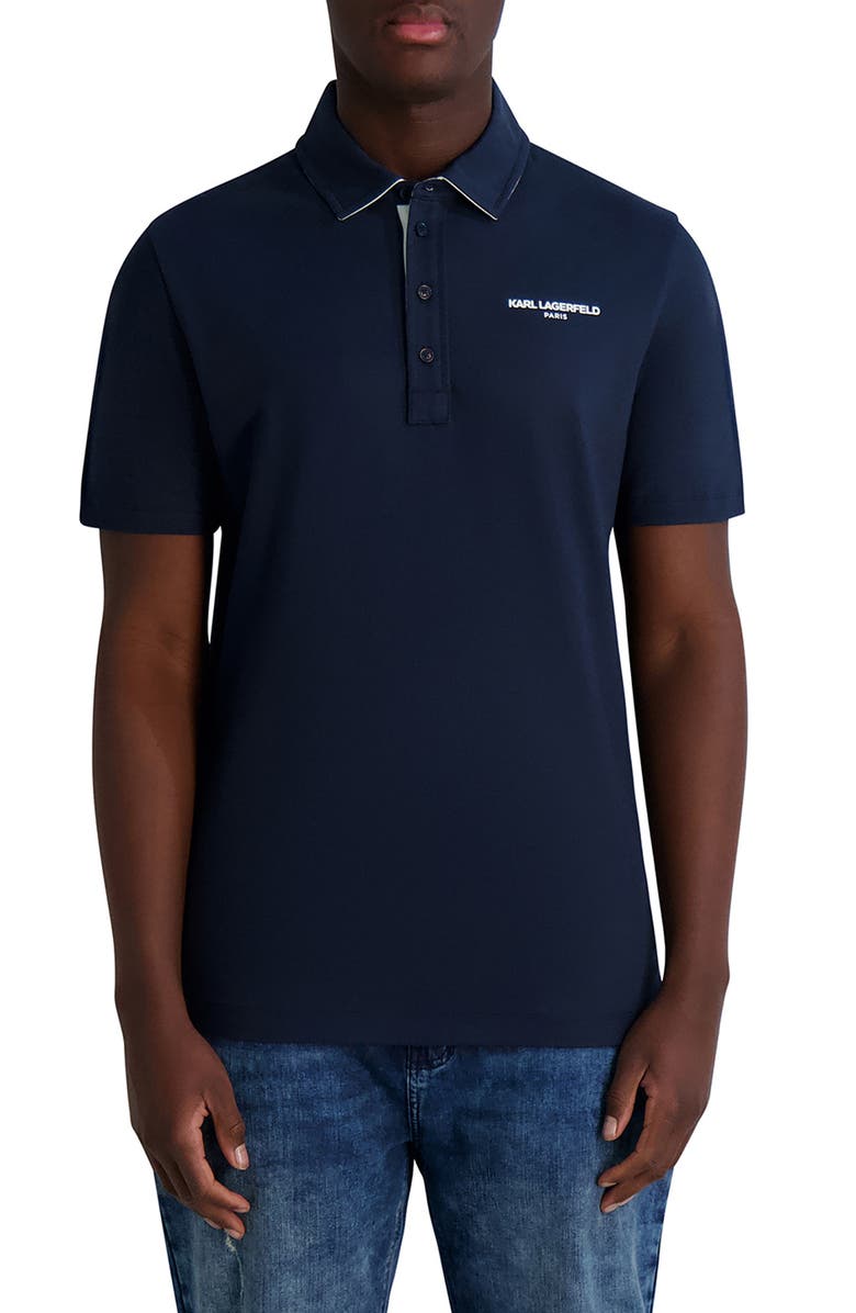 KARL LAGERFELD PARIS Logo Chest Stretch Cotton Polo, Main, color, Navy
