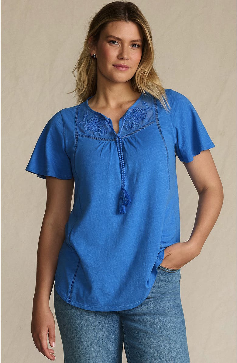 Lands' End Slub Flutter Sleeve Lace Trim Notch Neck Tunic Top, Main, color, Muted Cobalt Blue