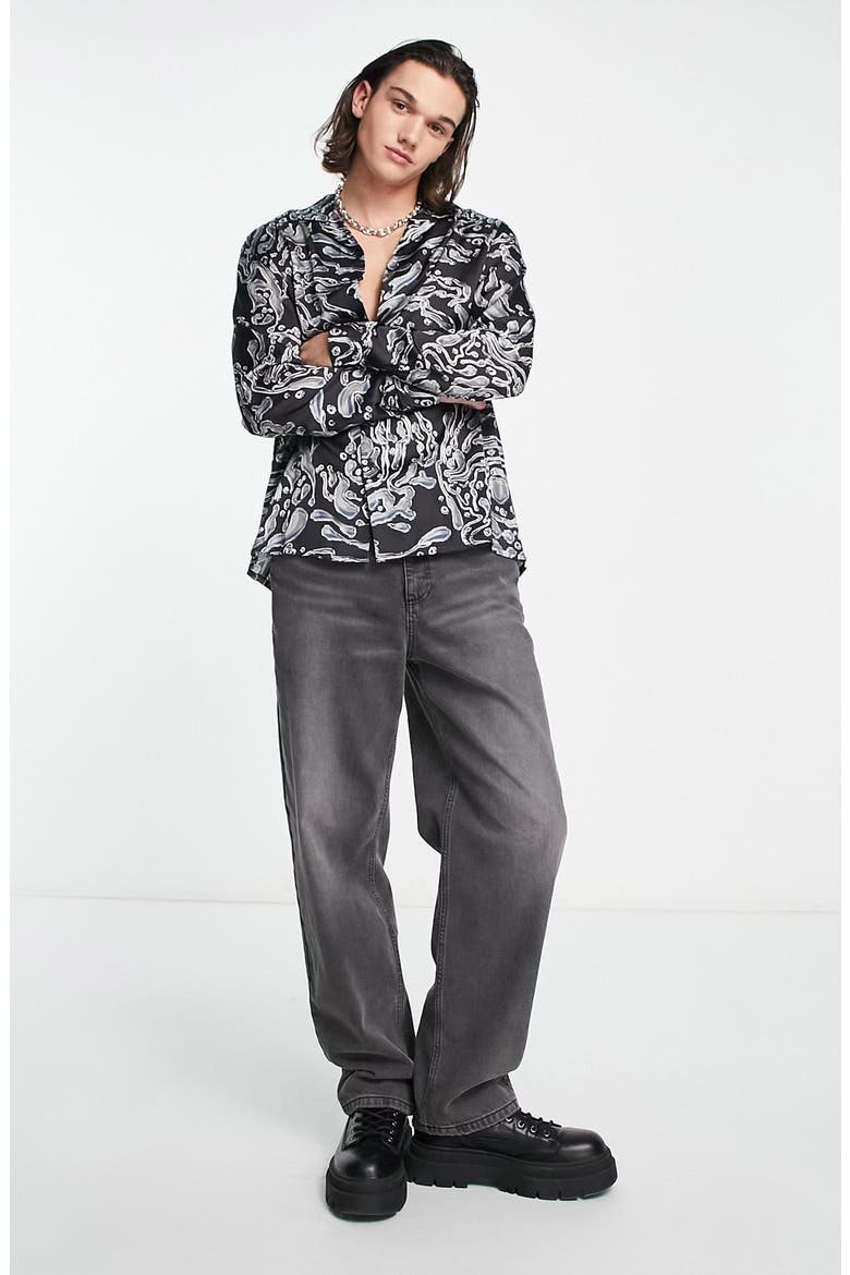 Relaxed Fit Metallic Button-Up Camp Shirt, Alternate, color, BLACK