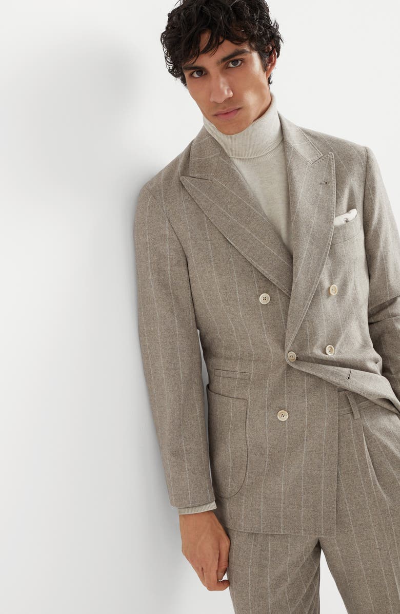 Brunello Cucinelli Wool and cashmere wide chalk stripe combed flannel one-and-a-half breasted deconstructed blazer with patch pockets, Alternate, color, 